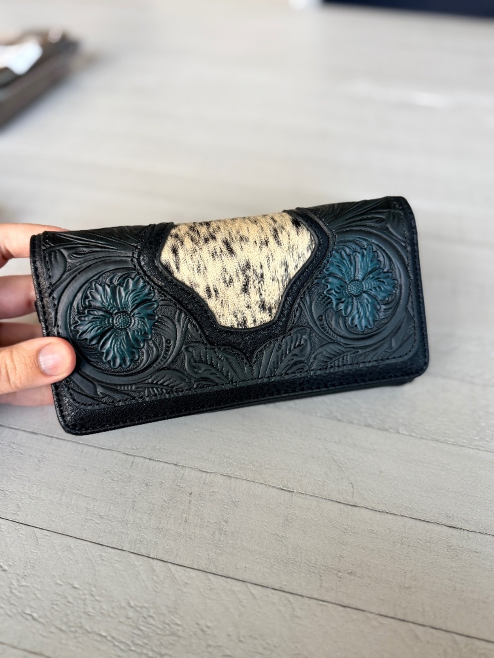 Trinity Ranch Floral Tooled and Hair-On Cowhide Collection Wallet Black